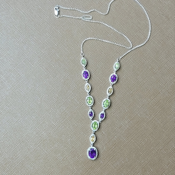 Elegant Silver Necklace with Purple, Green, and Yellow Accents - Picture 3 of 5